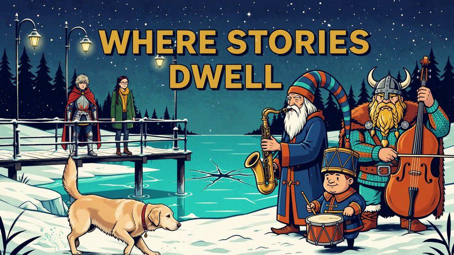 Where Stories Dwell title and characters: Adam, Sarah, lazy dog and jazzy wizards